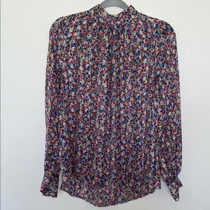 H&M Red and Blue Blouse with Mandarin Collar and Pleated Style